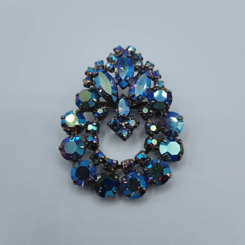 Vintage Blue AB Iridescent Rhinestone Leaf Prongset Brooch